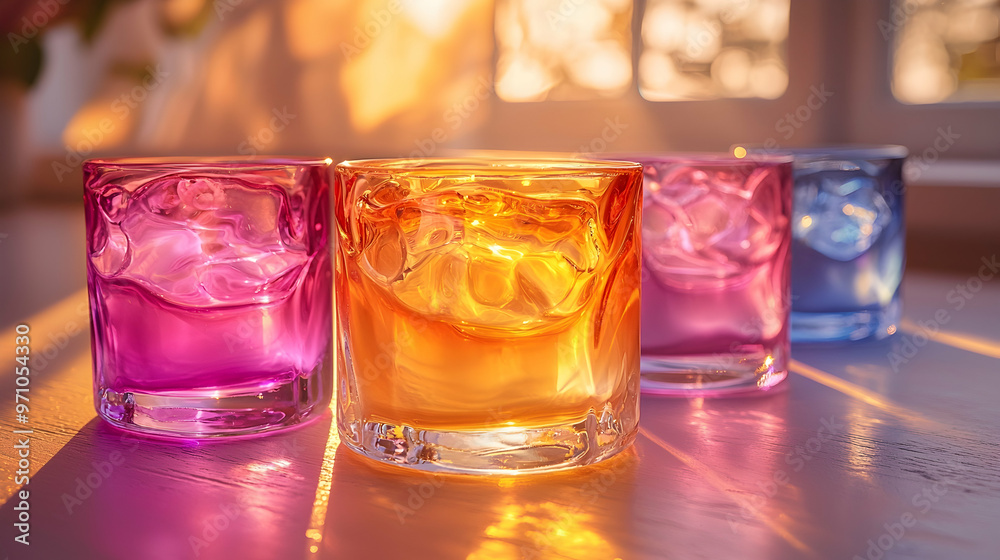 Colorful Glass Cups with Liquid on Wooden Table with Sunlight Colorful Glass Cups with Liquid on Wooden Table with Sunlight