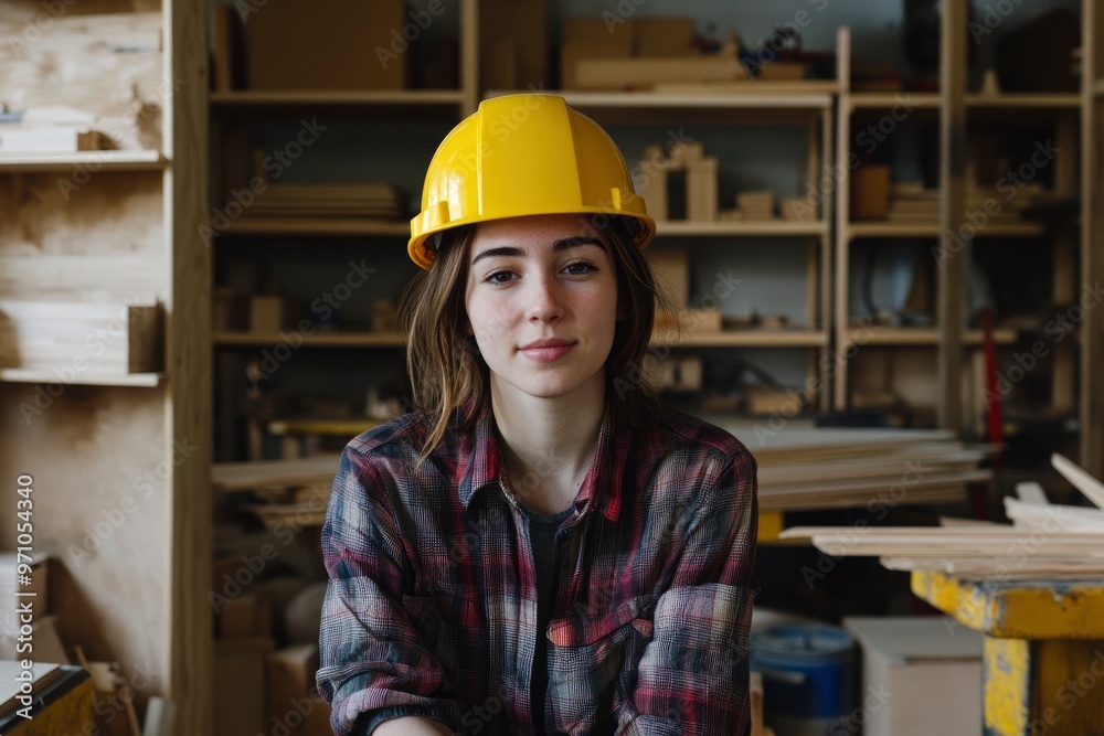 A young woman wearing a yellow hard hat and plaid shirt is sitting confidently in a carpentry workshop with wood shelves in the background with genrative ai A young woman wearing a yellow hard hat and plaid shirt is sitting confidently in a carpentry workshop with wood shelves in the background with genrative ai