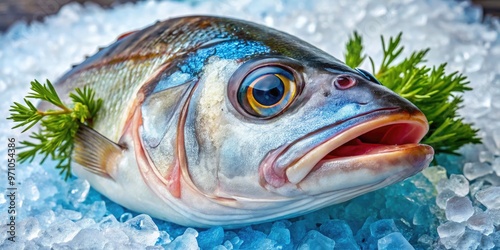 Freshly caught fish head with vibrant blue eyes and pink gills laid on a bed of ice, surrounded by droplets of water and seaweed strands. photo