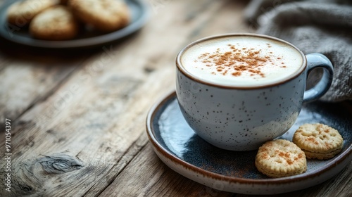 A steaming cup of cappuccino with frothy milk, topped with a sprinkle of cinnamon, set on a rustic wooden table with a small plate of biscuits.