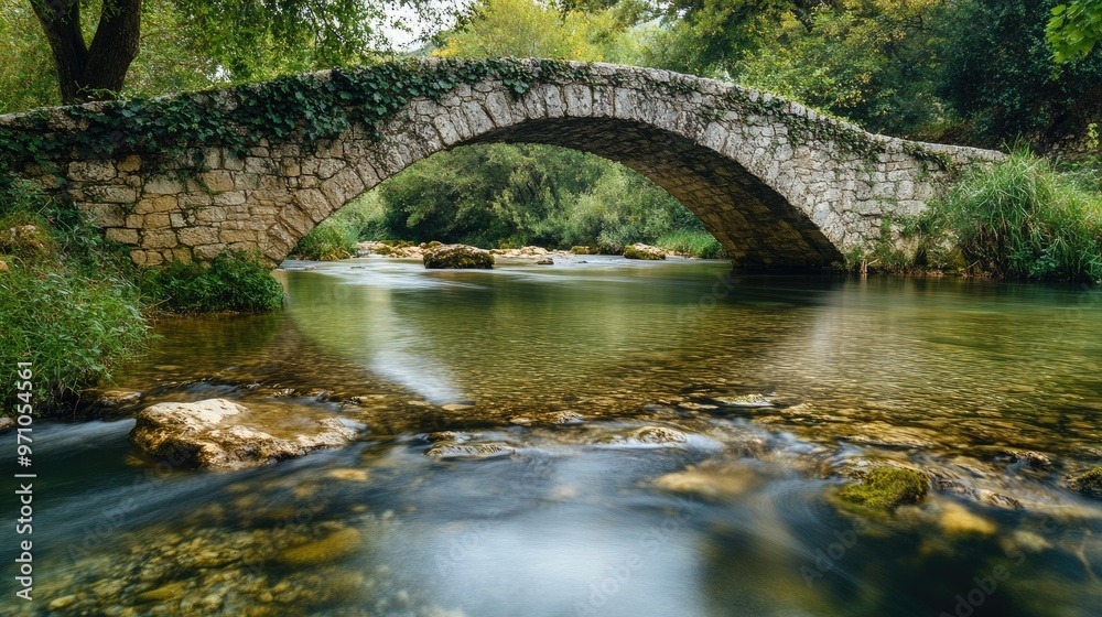 A stone footbridge with ivy growing along the sides, spanning a clear, shallow river. A stone footbridge with ivy growing along the sides, spanning a clear, shallow river.