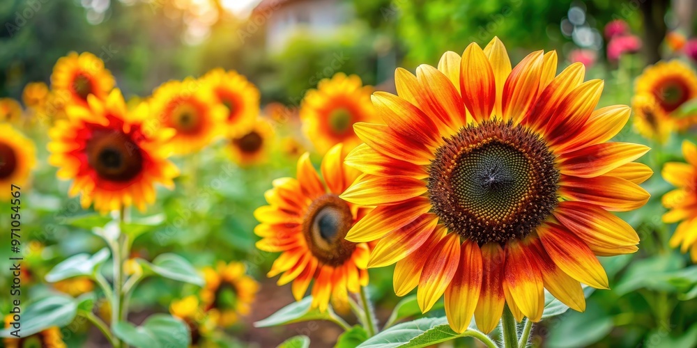 Obraz premium Close up of vibrant sunflowers blooming in a community garden of nature, sunflowers, yellow, bright, close up, blooming