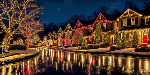 A stunning street lined with houses adorned in colorful Christmas lights creating a magical glow.
