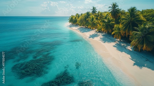 the Tropical white sand beach with coconut palms and turquoise sea, evoking a serene and idyllic island getaway.