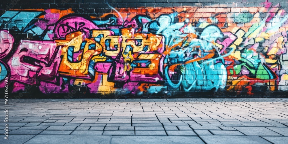 Fototapeta premium Vibrant graffiti wall art showcasing colorful designs and urban creativity in a lively street setting.