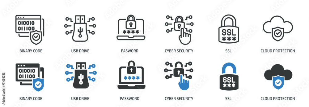 Cyber security line and glyph solid icons collection. Minimal icon and symbol series vector illustration Cyber security line and glyph solid icons collection. Minimal icon and symbol series vector illustration
