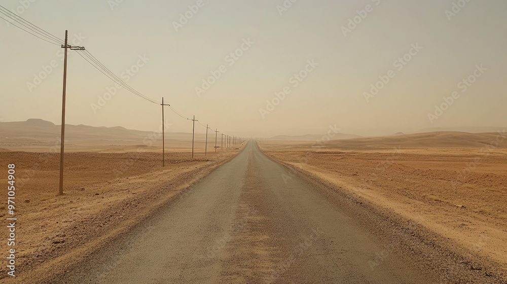 A straight road leading through a barren desert, with electric poles along one side. 688494c7fbb5 A straight road leading through a barren desert, with electric poles along one side. 688494c7fbb5
