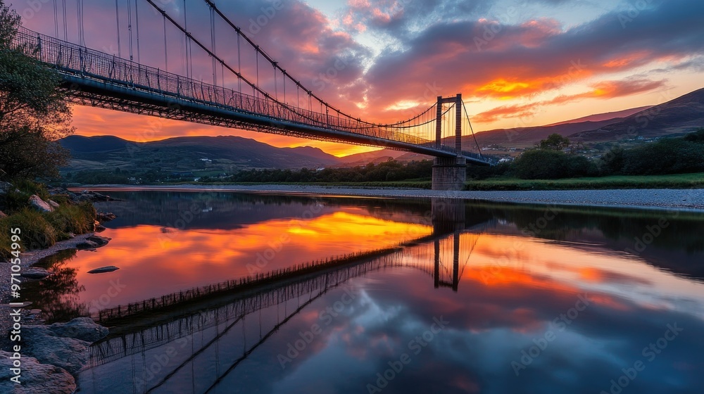 Obraz premium A stunning suspension bridge reflecting in a calm river at sunset with mountains in the background.