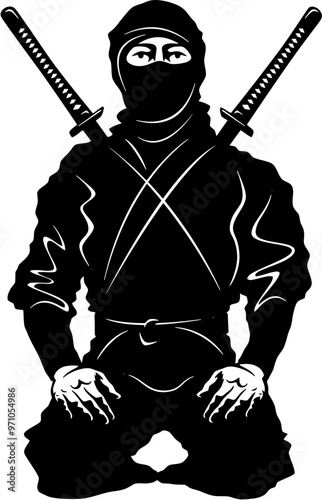 Ninjutsu fighter. Ninja, Japanese wrestler. Japan martial art. Asian warrior in mask, wrestling pose, stance, defending position, posture. vector illustration isolated on white background