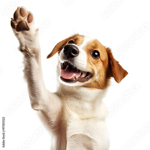A brown and white dog with its paw up in the air. Suitable for pet care or training concepts,Portrait of cute puppy of Jack Russell Terrier rising paw up, following command isolated over white studio

