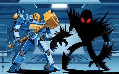 blue robot is holding a hammer and is facing a black robot with red eyes. Scene is tense and suspenseful