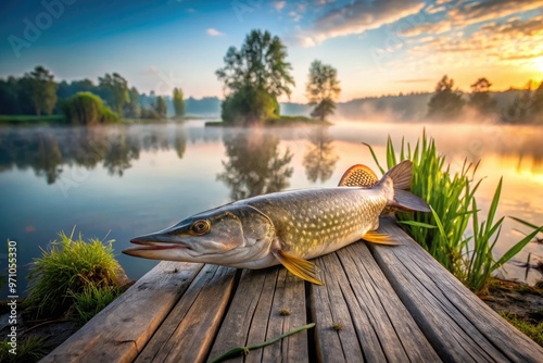 Freshly caught pike fish lying on a wooden dock, its slender body glistening with dew, surrounded by misty morning fog and lush greenery. photo