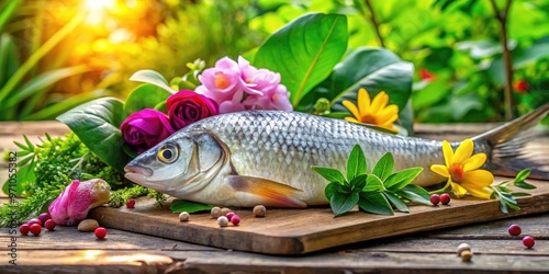 Freshly caught rohita fish lies on a rustic wooden table, surrounded by verdant leaves and vibrant flowers, against a warm, natural light background. photo