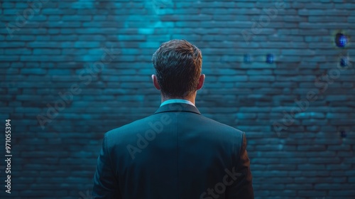 A man in a suit is standing in front of a brick wall