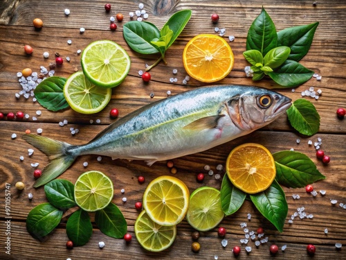 Freshly caught scad fish lies on a rustic wooden table, its silver scales glistening in the light, surrounded by vibrant green leaves and citrus slices. photo