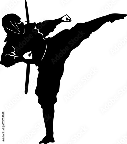 Ninjutsu fighter. Ninja, Japanese wrestler. Japan martial art. Asian warrior in mask, wrestling pose, stance, defending position, posture. vector illustration isolated on white background