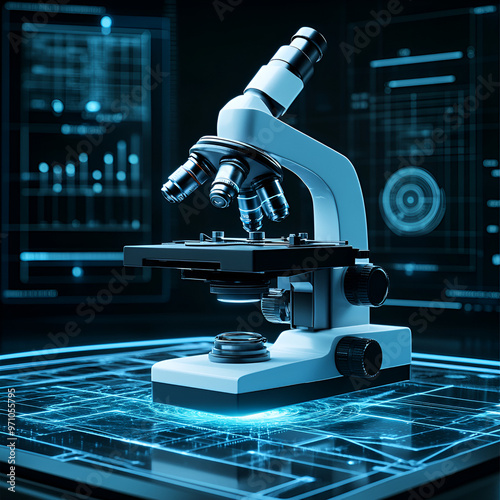 Detailed Biology Laboratory Setup with Microscope and Equipment, Reflecting the Precision of Scientific Research and Discovery,
Digital microscope in a dark, blue-lit medical lab, showcasing advanced 