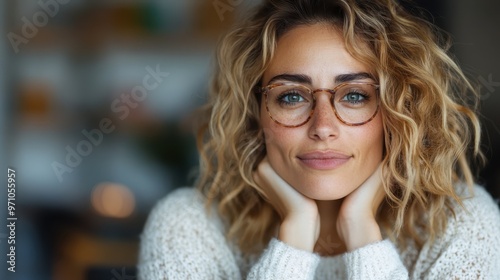 A confident woman with eyeglasses gazing forward while wearing a cozy sweater, embodying poise, intelligence, and comfort in a warmly lit room setting.