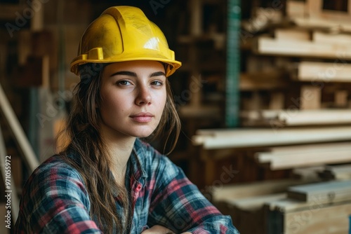 A young woman wearing a yellow hard hat and plaid shirt is sitting confidently in a carpentry workshop with wood shelves in the background with genrative ai