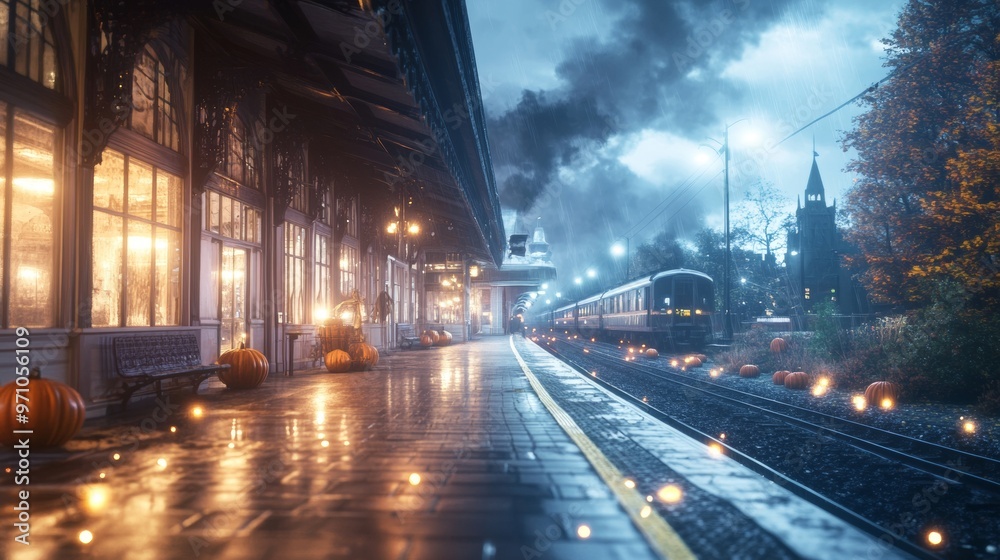 Haunted train station with eerie lights flickering in the windows glowing pumpkins scattered around Haunted train station with eerie lights flickering in the windows glowing pumpkins scattered around