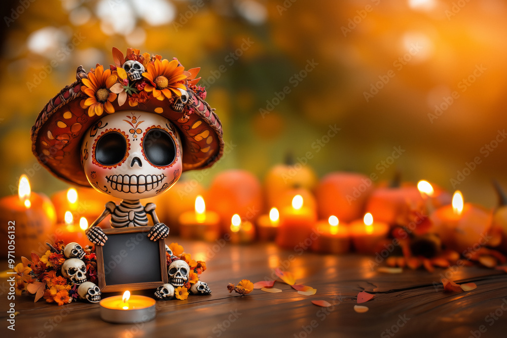 An adorable smiling Day of the Dead skull with a decorative hat made of flowers sits holding a blank chalkboard, surrounded by candles and bright autumn colors. Festivity with remembrance. An adorable smiling Day of the Dead skull with a decorative hat made of flowers sits holding a blank chalkboard, surrounded by candles and bright autumn colors. Festivity with remembrance.