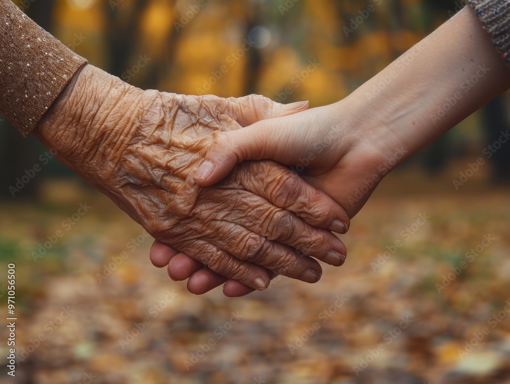 Close-up of a young woman's hand holding an elderly person's hand, conveying a sense of help and care. The image is set against a sunny light background, with ample space on the right side for text. Close-up of a young woman's hand holding an elderly person's hand, conveying a sense of help and care. The image is set against a sunny light background, with ample space on the right side for text.