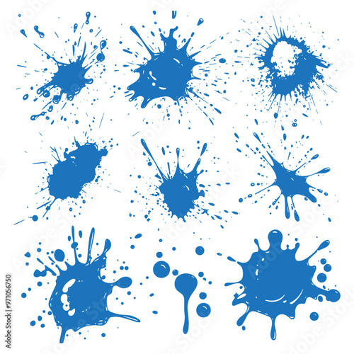 set Ink splashes stencil. inked splatter dirt stain splattered spray splash with drops blots vector.