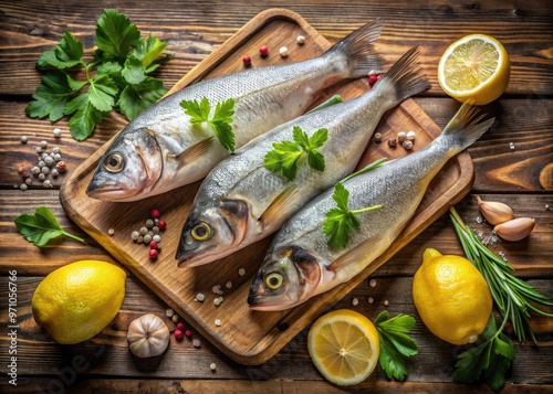 Freshly caught zanders fish lie on a wooden cutting board, their silver scales glistening in the light, surrounded by lemons and parsley on a rustic kitchen table. photo