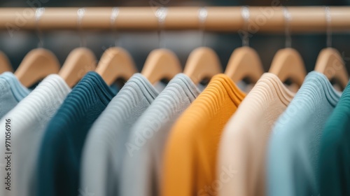 A row of colorful knit sweaters hanging on wooden hangers in a wardrobe. The image showcases a variety of knitwear in different hues, perfect for fashion-related use. photo