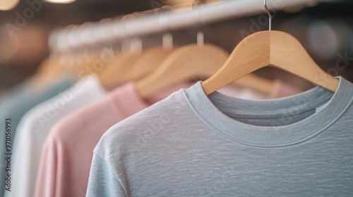 A collection of soft-colored T-shirts displayed on wooden hangers, depicting an organized and aesthetically pleasing setup typical in a modern retail environment. photo