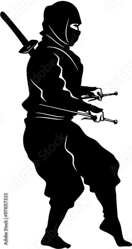 Ninjutsu fighter. Ninja, Japanese wrestler. Japan martial art. Asian warrior in mask, wrestling pose, stance, defending position, posture. vector illustration isolated on white background