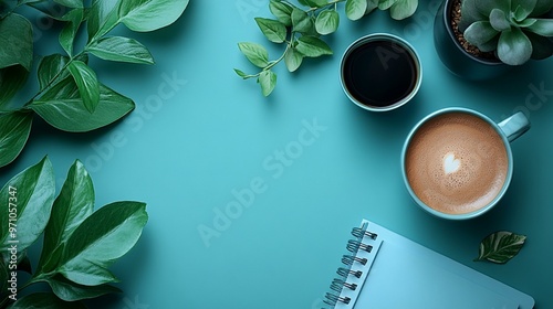 a Minimalist work space featuring a blue desk with a laptop, notebooks, and a coffee cup, captured from a top view.