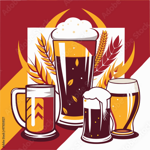 Diverse beer tasting setup featuring various glasses and frothy varieties against a vibrant background vector illustration
