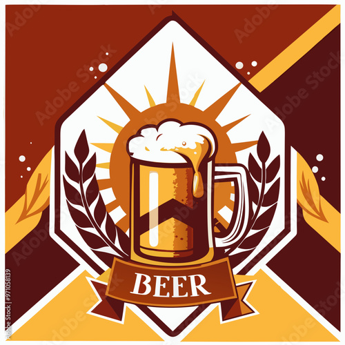 Stylish beer label featuring a frothy mug and decorative elements in rich brown and gold colors vector illustration
