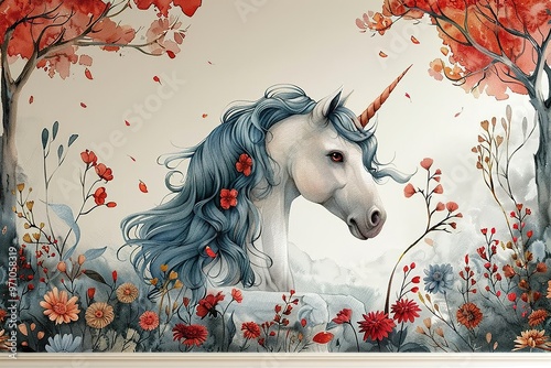 Watercolor unicorn with flowers on white background photo