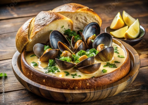 Freshly steamed mussels and clams swim in a creamy, golden broth, served in a rustic sourdough bread bowl at a bustling seaside eatery. photo