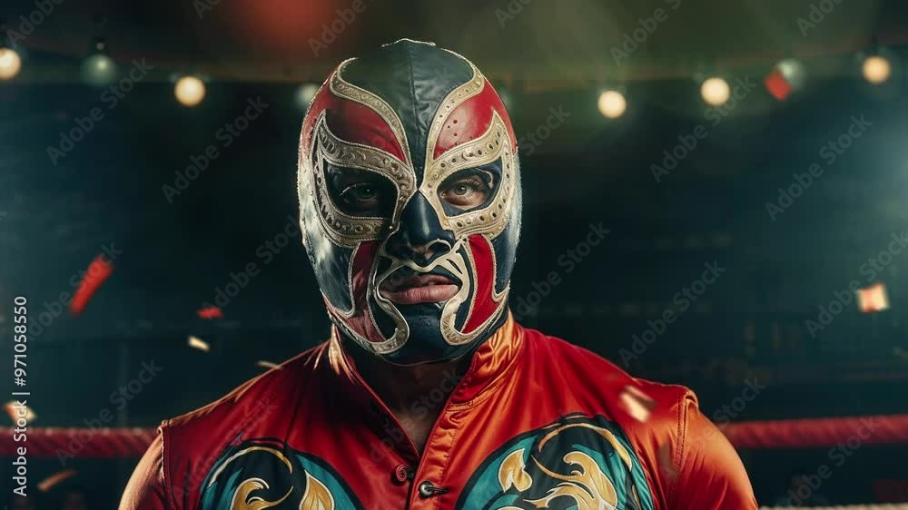 An adult Mexican wrestler takes a defensive stance inside the ring, wearing a mask and brightly colored costume.