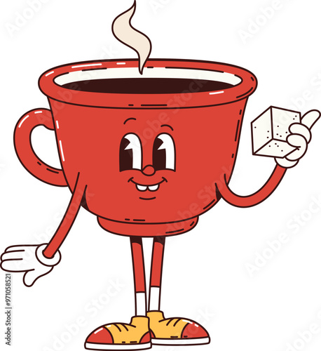 Coffee cup retro groovy breakfast character with cheerful face, wearing sneakers, holding a piece of sugar. Isolated cartoon vector red porcelain hot coffee mug personage with rising steam