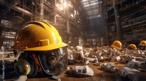Abandoned Industrial Site: A Safety Helmet and the Remains of a Demolished Structure