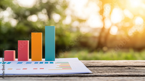 Close up of business forecast document featuring colorful bar graphs, showcasing growth and analysis in natural setting. warm sunlight enhances optimistic atmosphere
