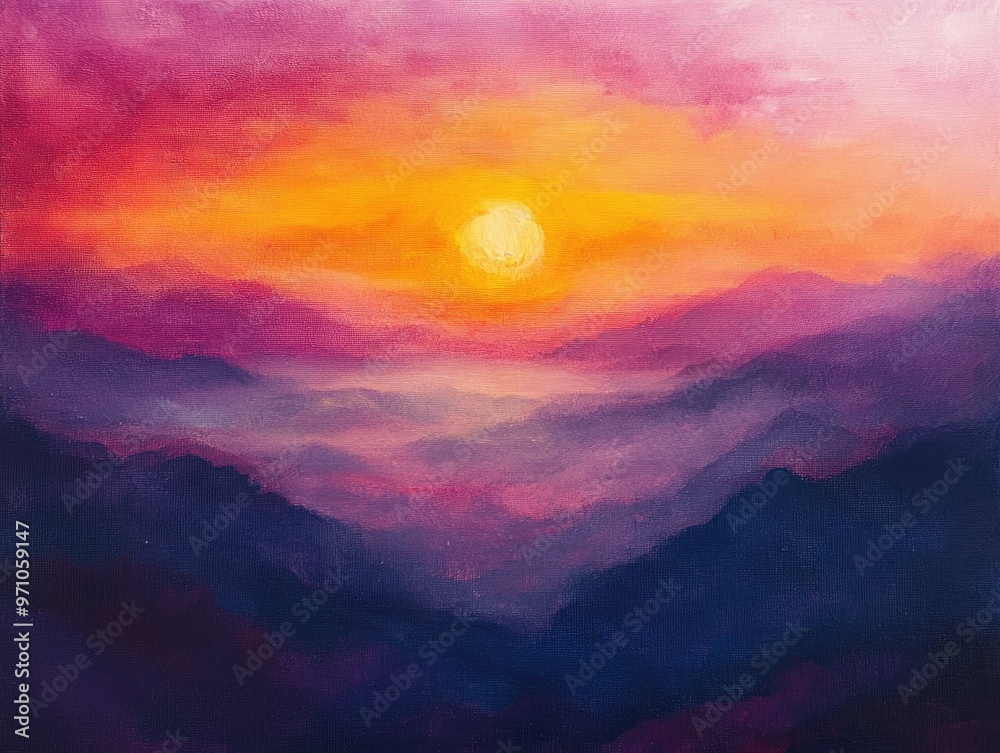 Fototapeta premium Oil painting capturing a vivid sunset surrounded by layers of mist