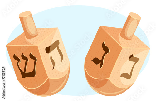Wooden Dreidels with Hebrew Symbols for Hanukkah