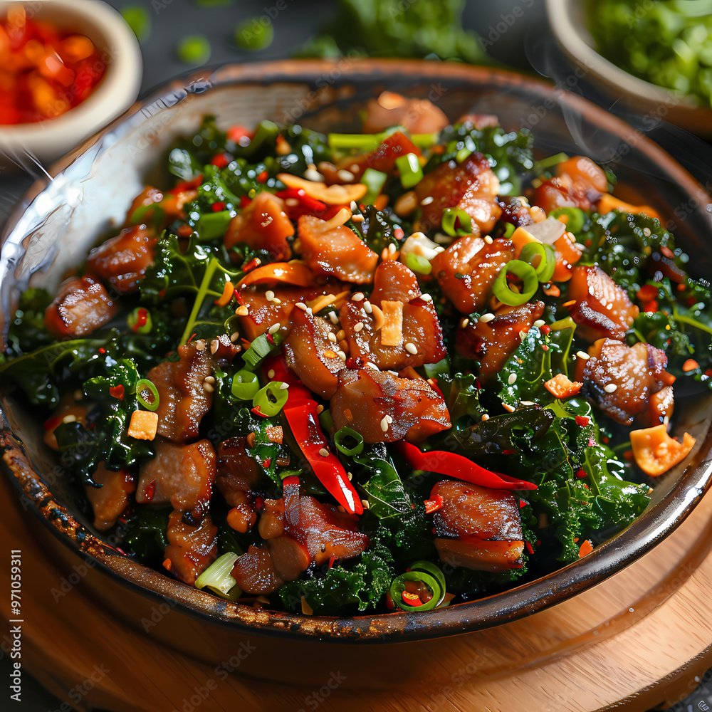 Stir-fried kale vegetable with crispy pork Add fried garlicFaint smoke Stir-fried kale vegetable with crispy pork Add fried garlicFaint smoke