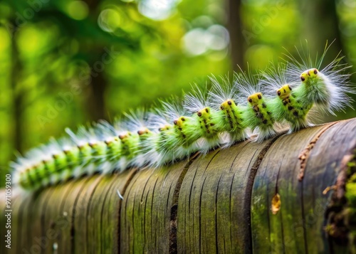 Fuzzy, green, and white gypsy moth caterpillars march in a line across a worn, weathered wooden fence, their numerous legs crawling in unison amidst a blurred forest backdrop. photo