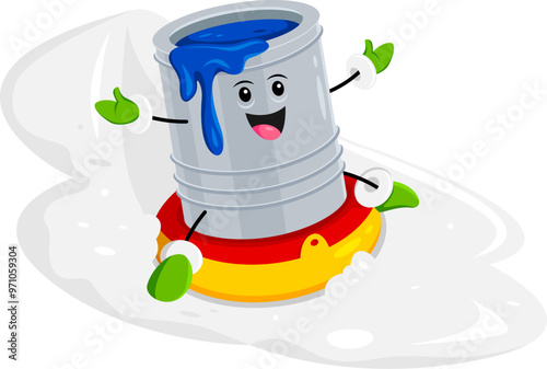 Cartoon paint bucket, Christmas diy and repair tool character, wearing a cheerful expression, gleefully slides downhill on a sled. Isolated vector dye personage spreading artistic joy on the snow