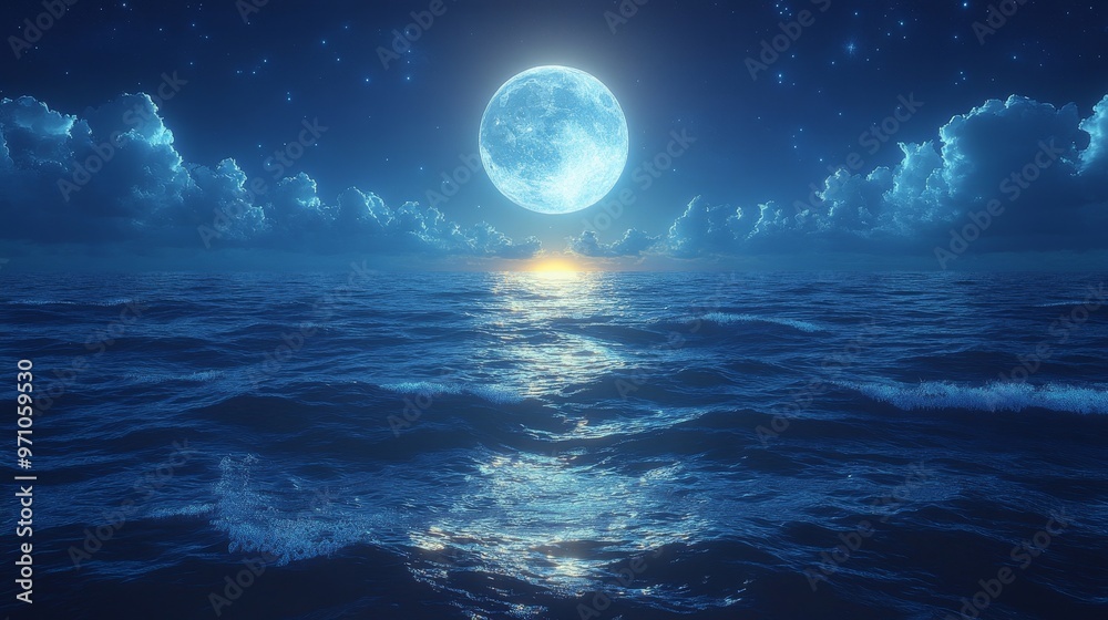 Glowing moonlight reflecting on calm ocean waves, tranquil and serene, night glowtime, peaceful and meditative, with realistic effects, true details style Glowing moonlight reflecting on calm ocean waves, tranquil and serene, night glowtime, peaceful and meditative, with realistic effects, true details style