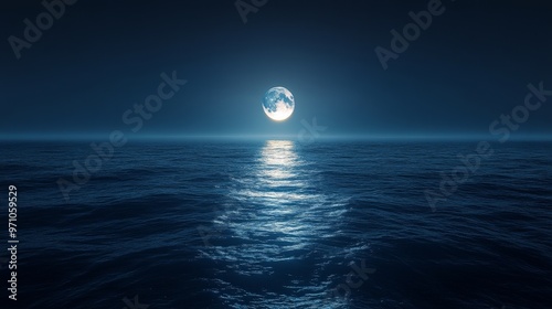 Glowing moonlight reflecting on calm ocean waves, tranquil and serene, night glowtime, peaceful and meditative, with realistic effects, true details style photo