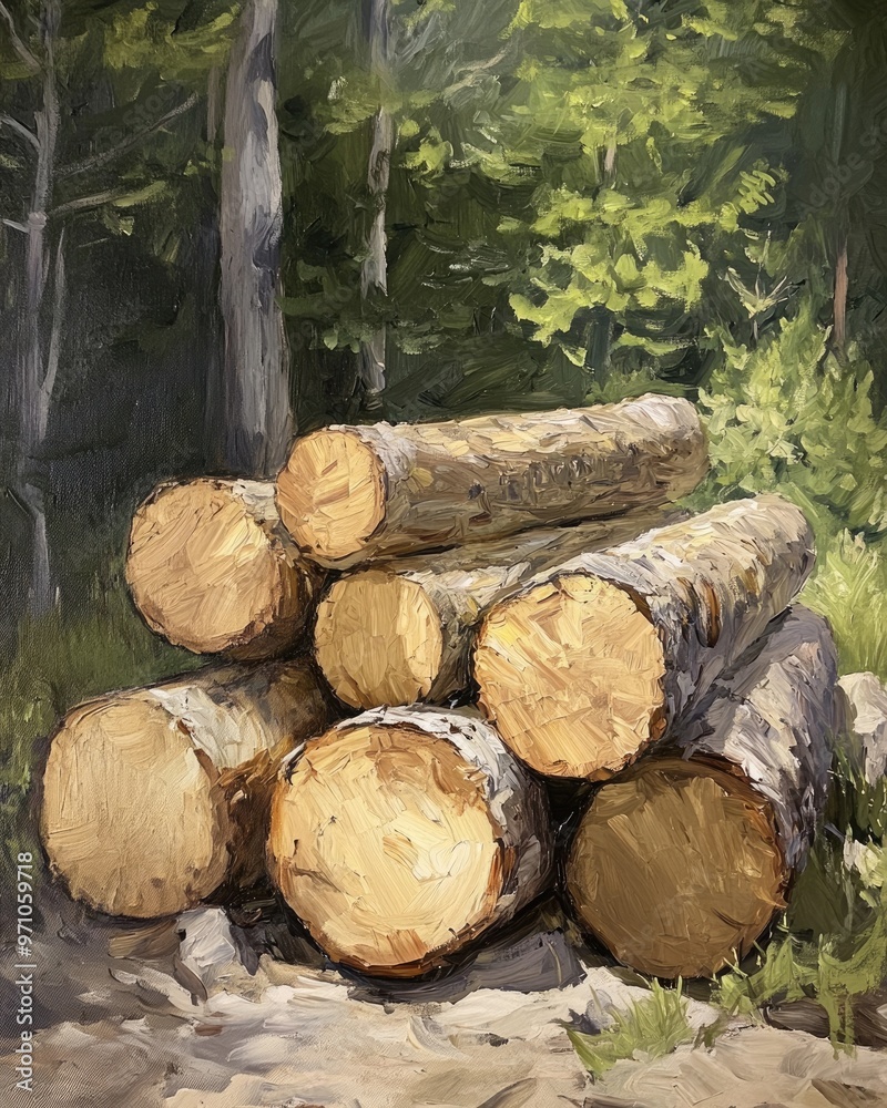 Oil painting depicting a stack of lime logs resting on the ground Oil painting depicting a stack of lime logs resting on the ground