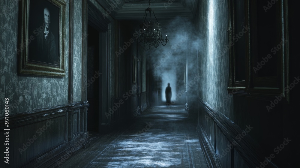 Obraz premium Ghostly Figure in Haunted Hallwa
