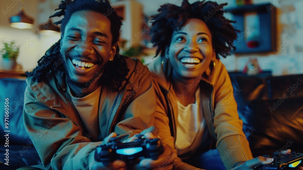 A couple smiles and laughs together while playing video games in their living room A couple smiles and laughs together while playing video games in their living room